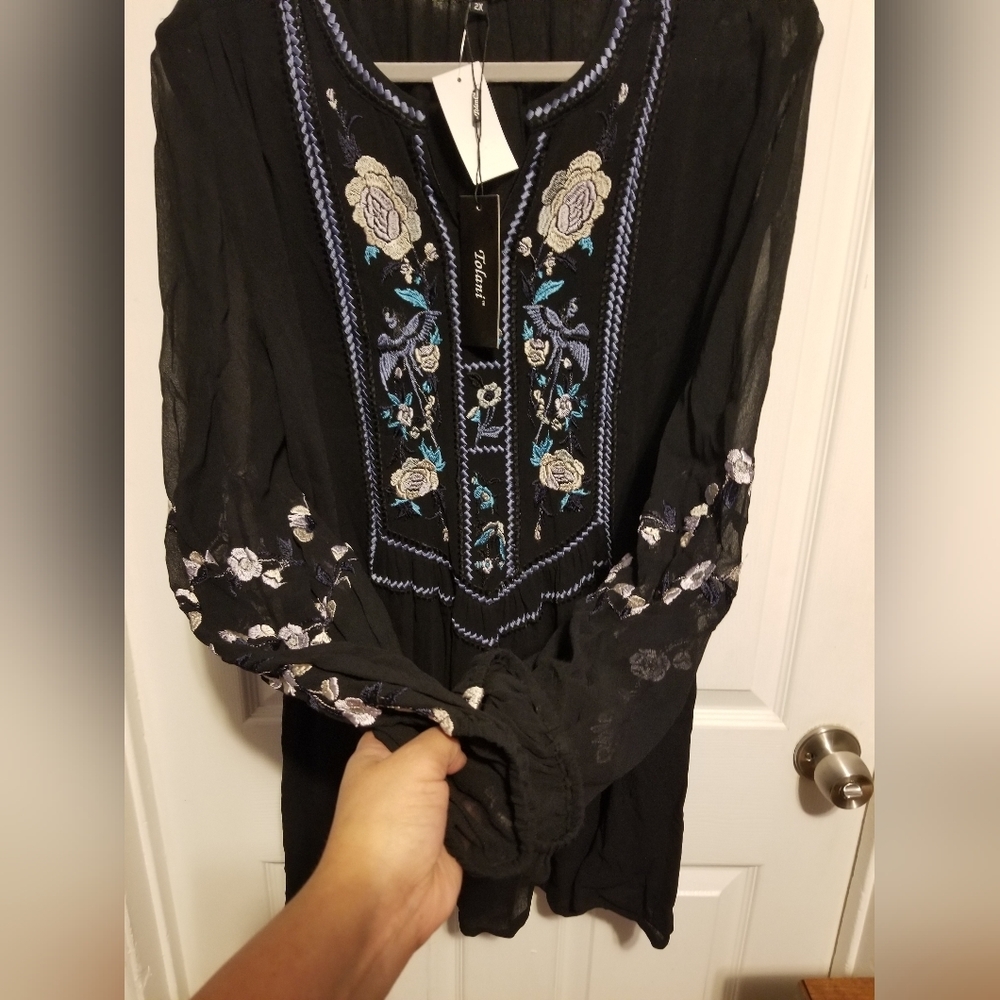 NWT Tolani Embroidered Dress Womens Large Black Lined Reched Sleeves - Picture 5 of 11